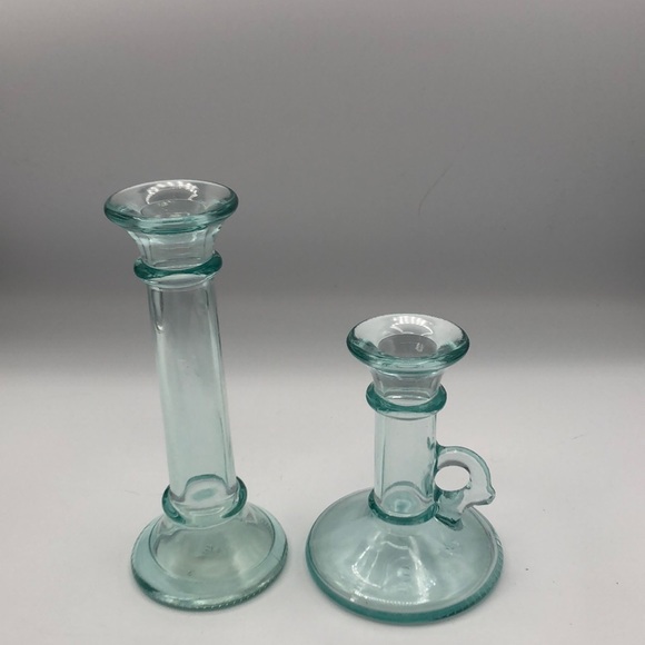 VTG VE Vetreria Etrusca Green Glass Candlesticks Flower Case ITALY MCM Set of 2 - Picture 1 of 7